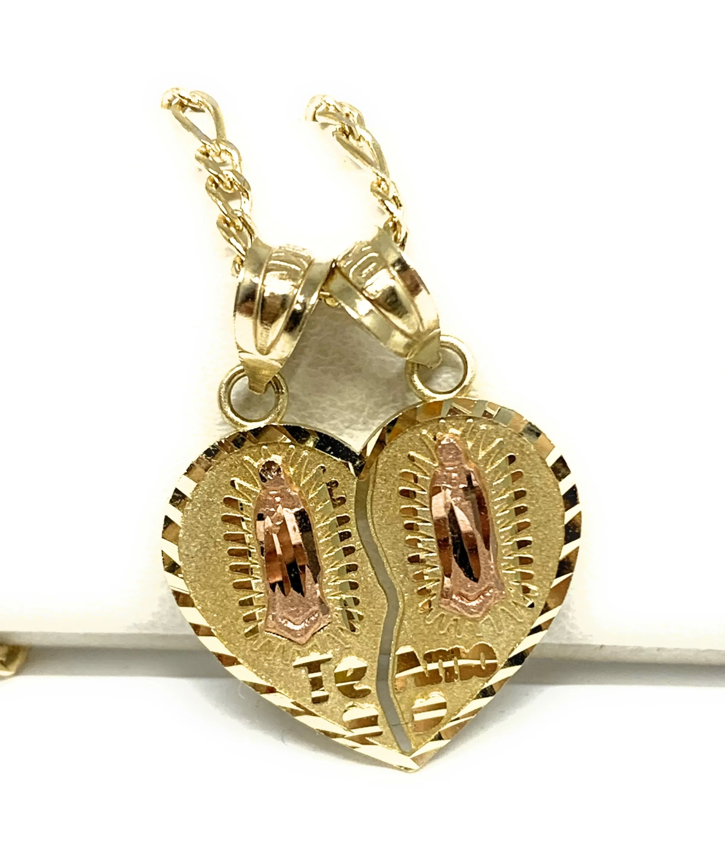 10k Solid Gold Yellow & Rose Gold Double Virrgin Mary Te Amo Heart Split Pendant