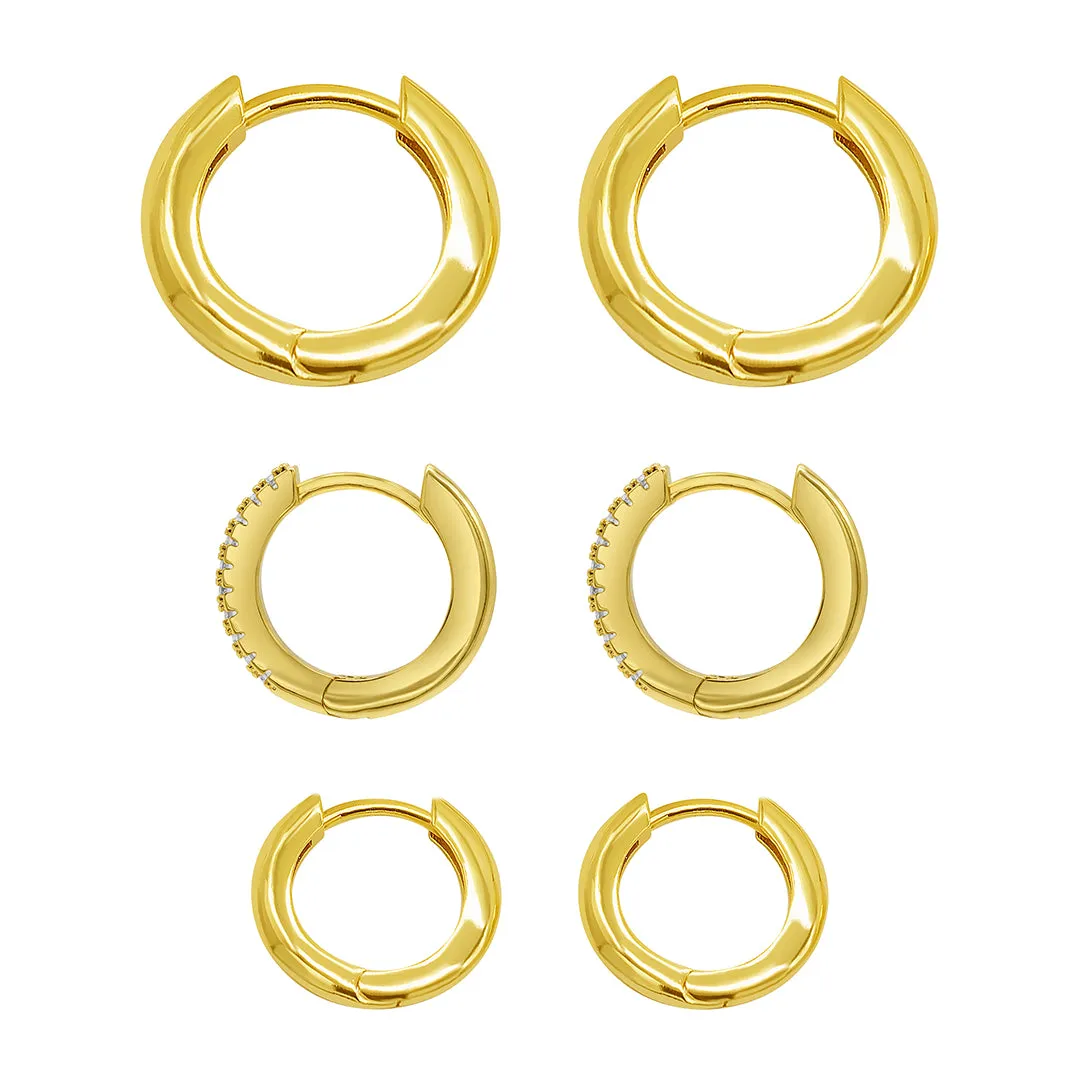 14K Gold Plated 3-Huggie Hoop Earrings Set With 1-Crystal Hoop