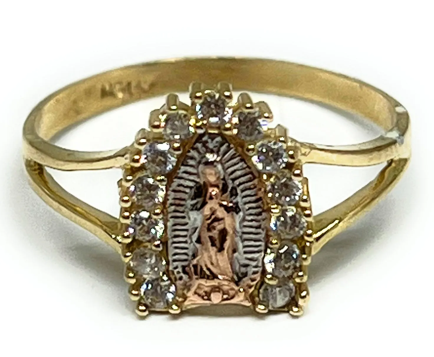 14k Solid Gold Tri-Color Virrgin Mary CZ Ring