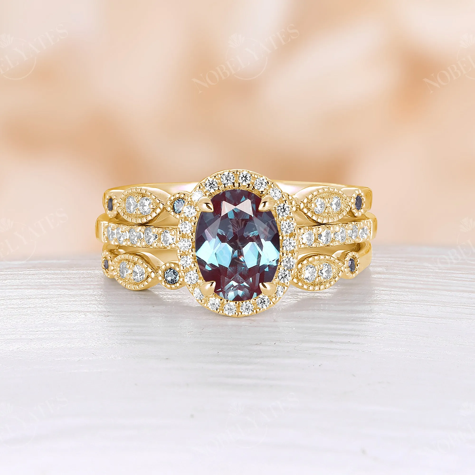 3PCS Oval Cut Lab Alexandrite Rose Gold Halo & Pave Engagement Ring Set