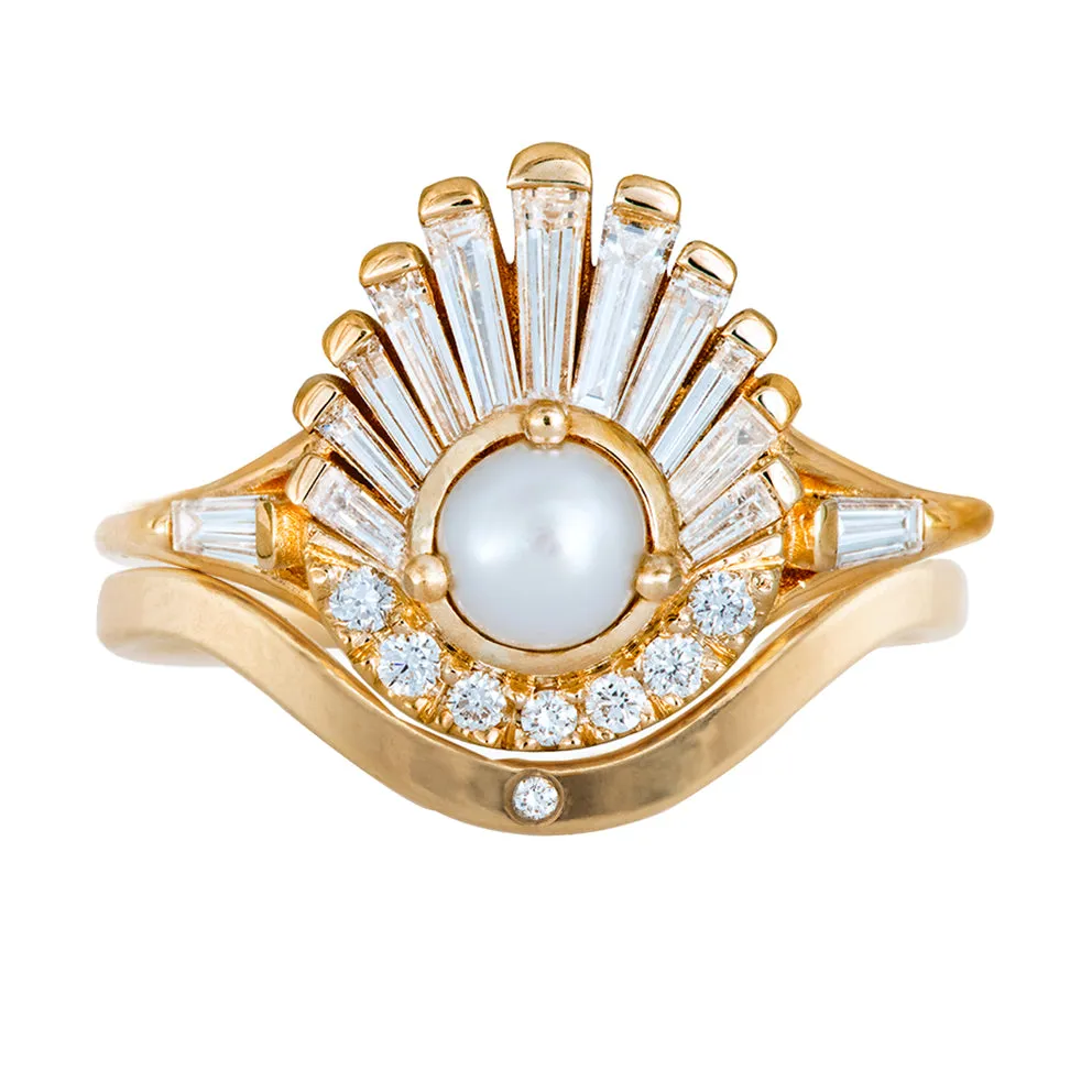 Diamond Seashell Ring Set with Freshwater Pearl