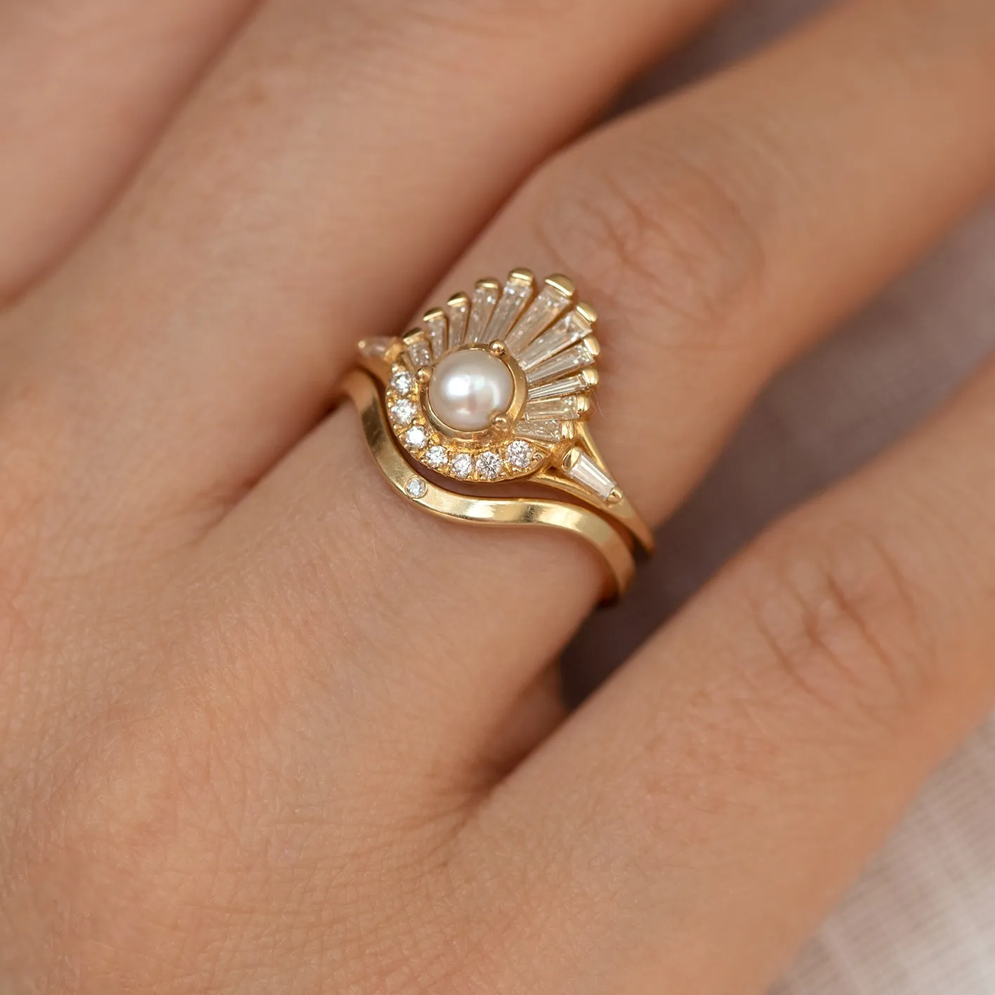 Diamond Seashell Ring Set with Freshwater Pearl