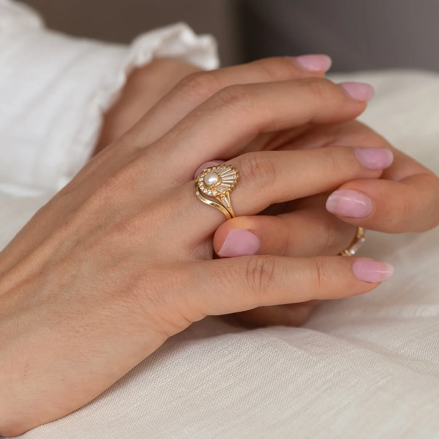 Diamond Seashell Ring Set with Freshwater Pearl