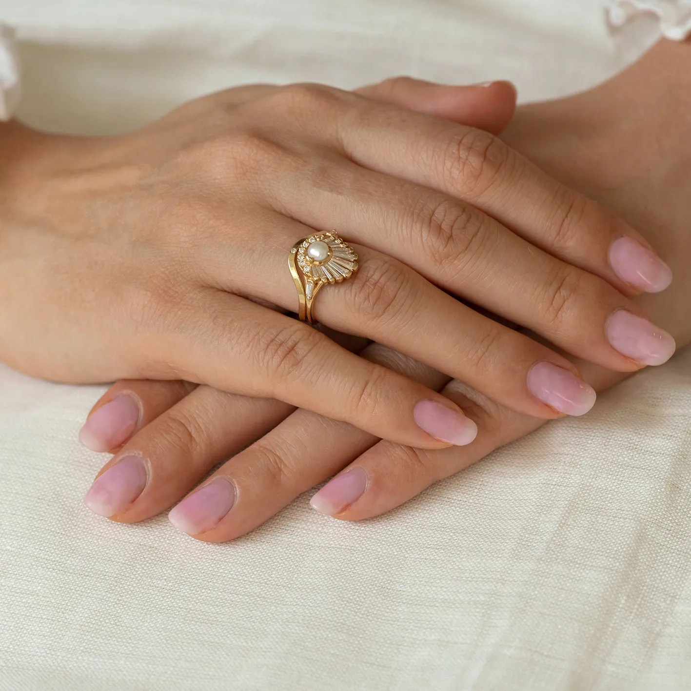 Diamond Seashell Ring Set with Freshwater Pearl