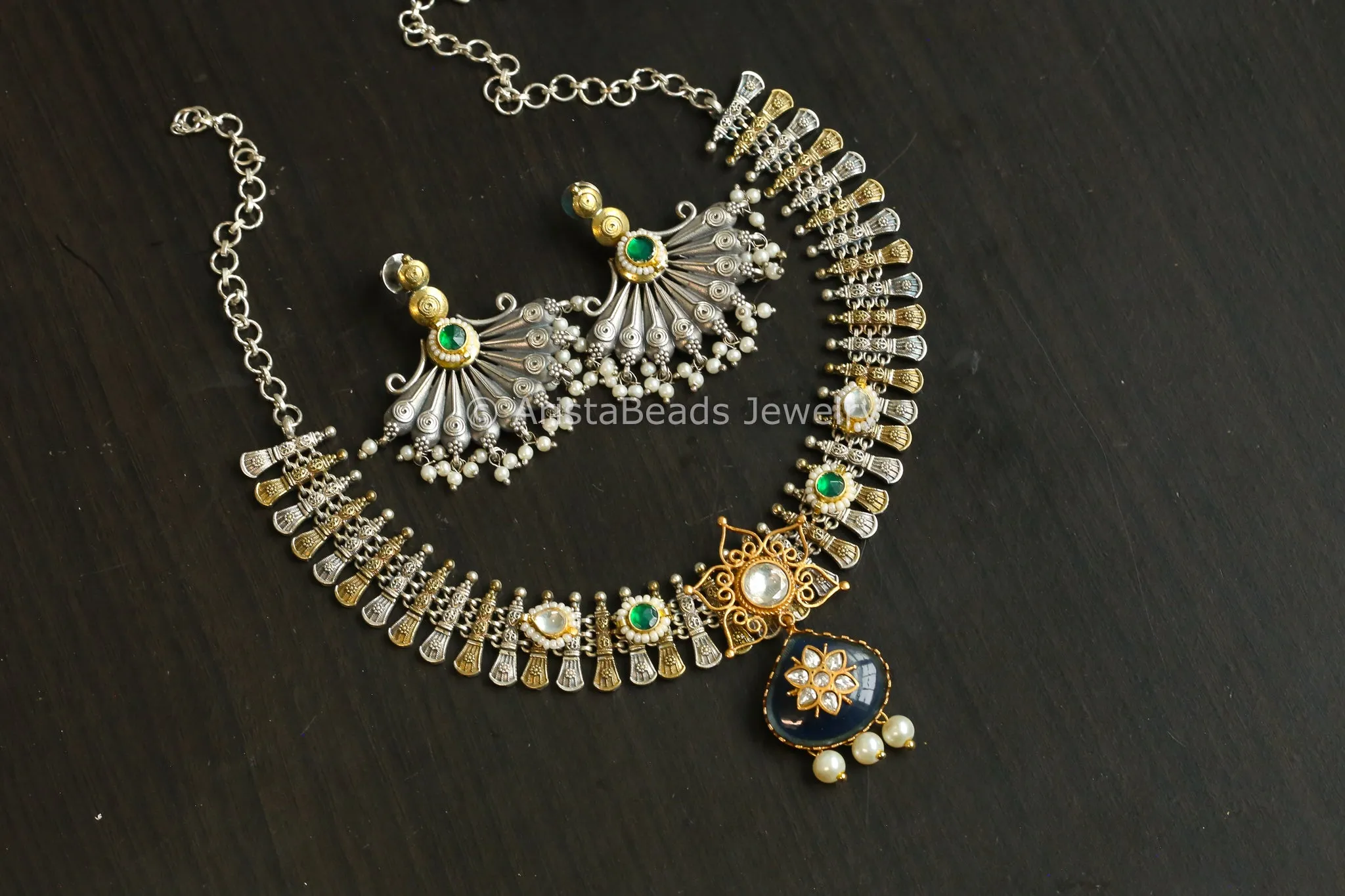 Dual Tone Fusion Kundan Set - Blue (ABJ-N101-67)