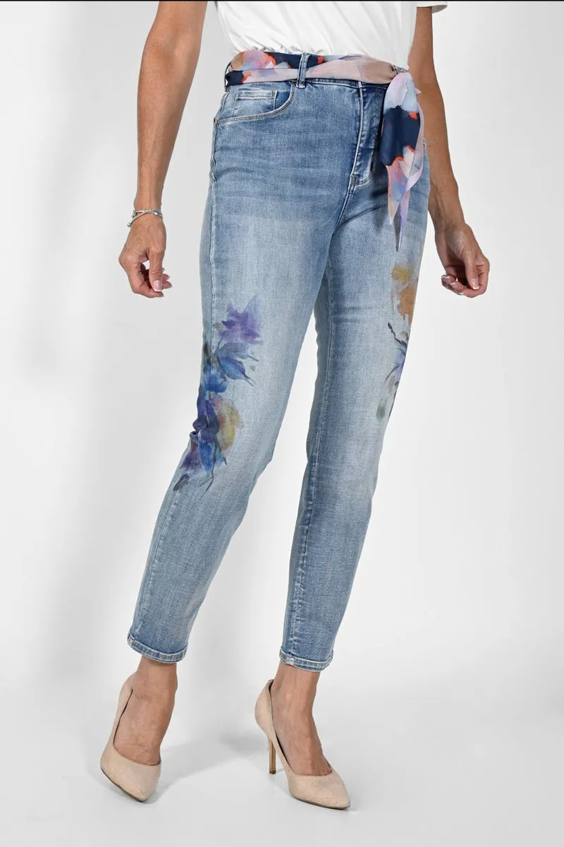Floral Applique Skinny Jeans w/ Sheer Belt