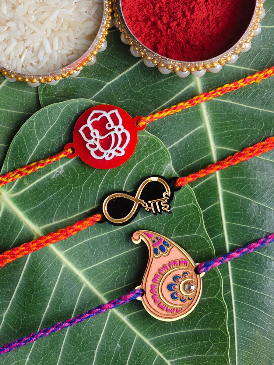 Ganpati + Colorful Paisley + Infinity Bhai Set of 3 Rakhis