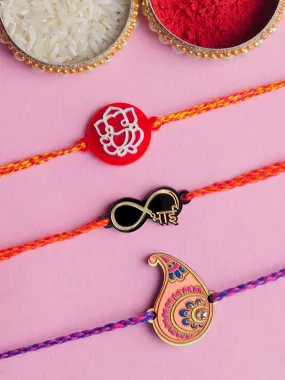 Ganpati + Colorful Paisley + Infinity Bhai Set of 3 Rakhis