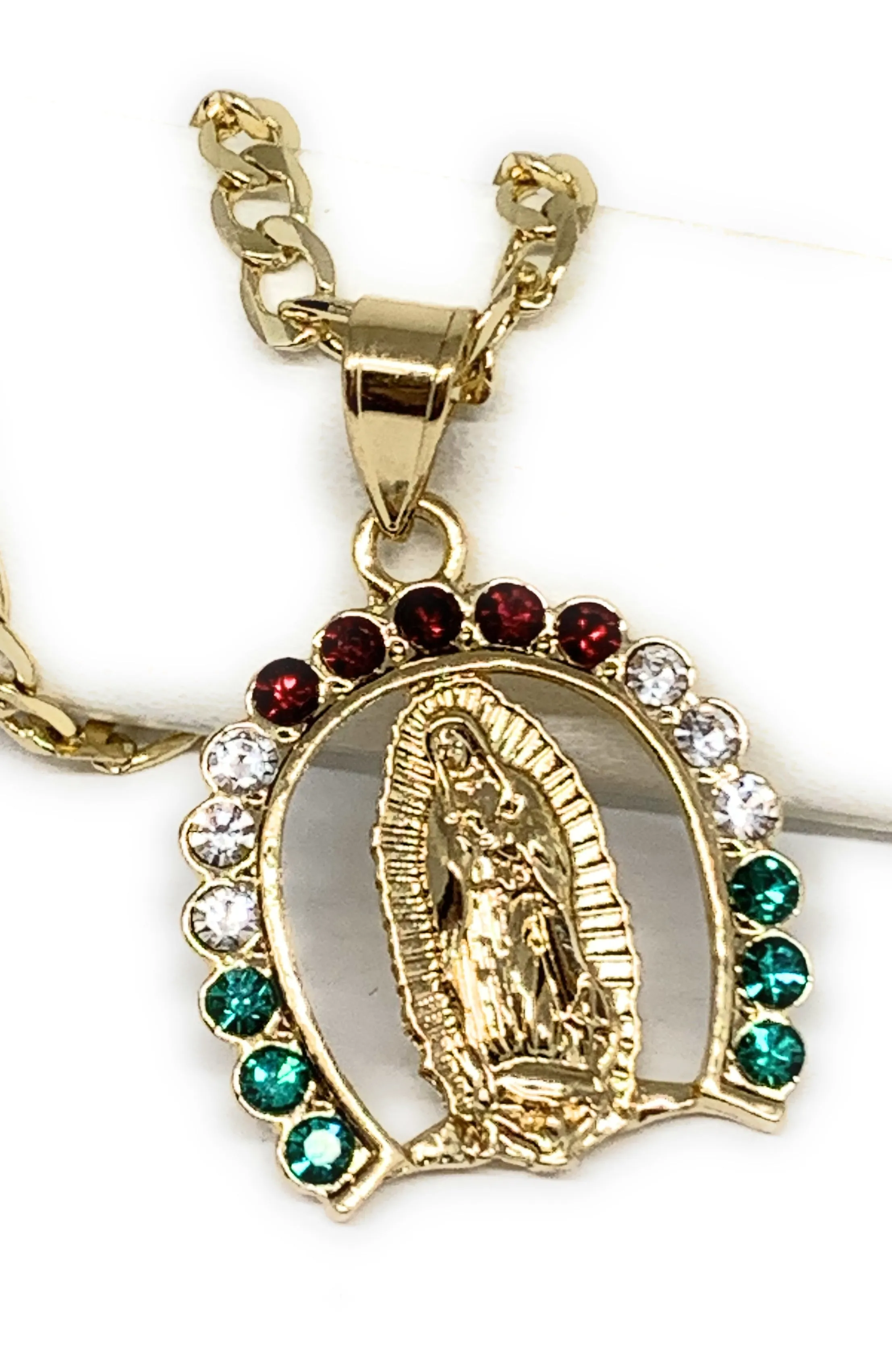 Gold Plated Virgin Mary Colorful CZ Small Horseshoe Pendant Necklace Figaro 24 Virgen de Guadalupe Medalla Oro Laminado