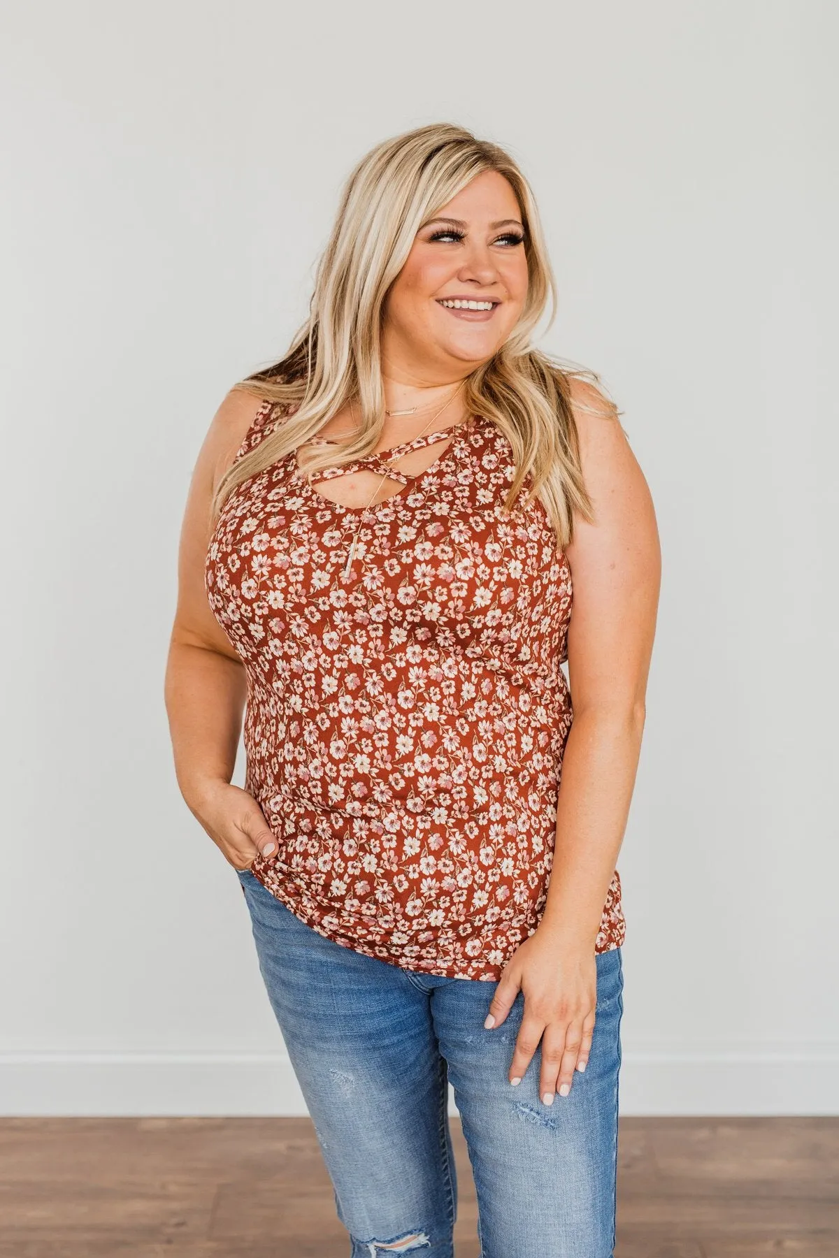 Like A Summer Breeze Floral Criss-Cross Tank- Rust