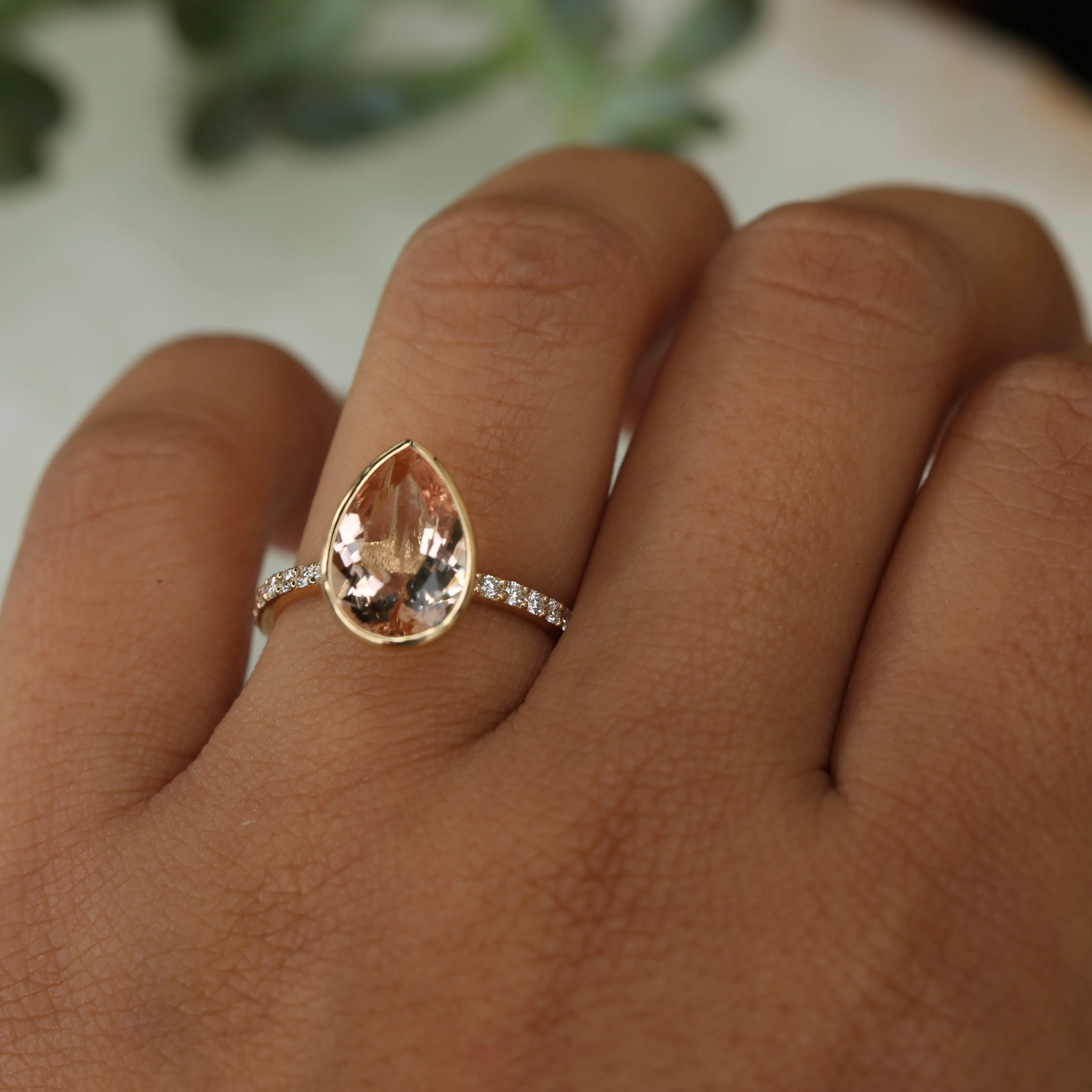 Morganite Pear Cut Bezel Set Diamond Ring