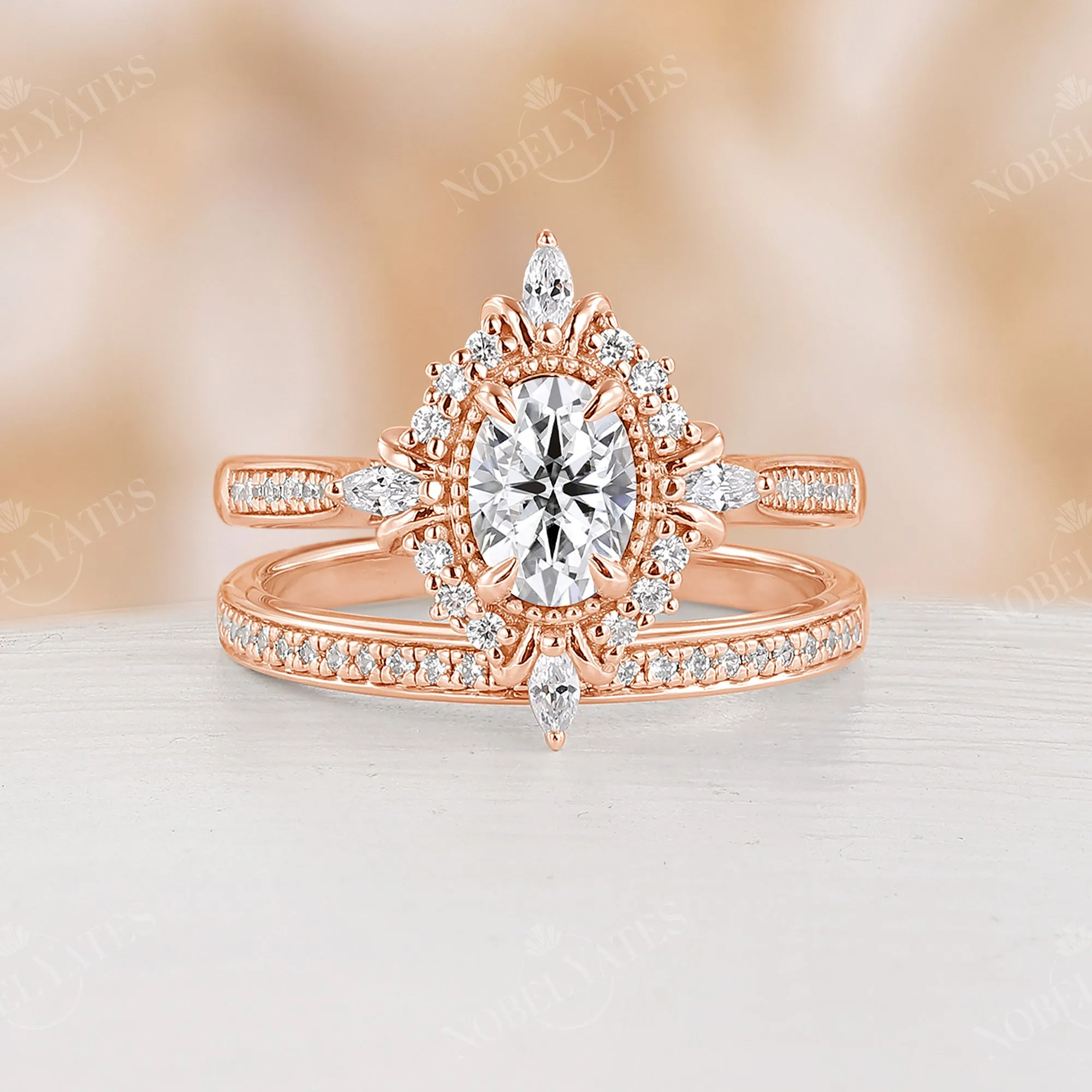 Oval Moissanite Milgrain & Pave Engagement Ring Set Rose Gold