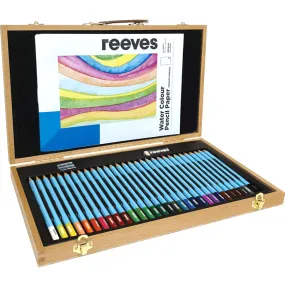 Reeves 34pc Watercolour Coloured Pencils Pad Eraser Sharpener Set Wooden Box