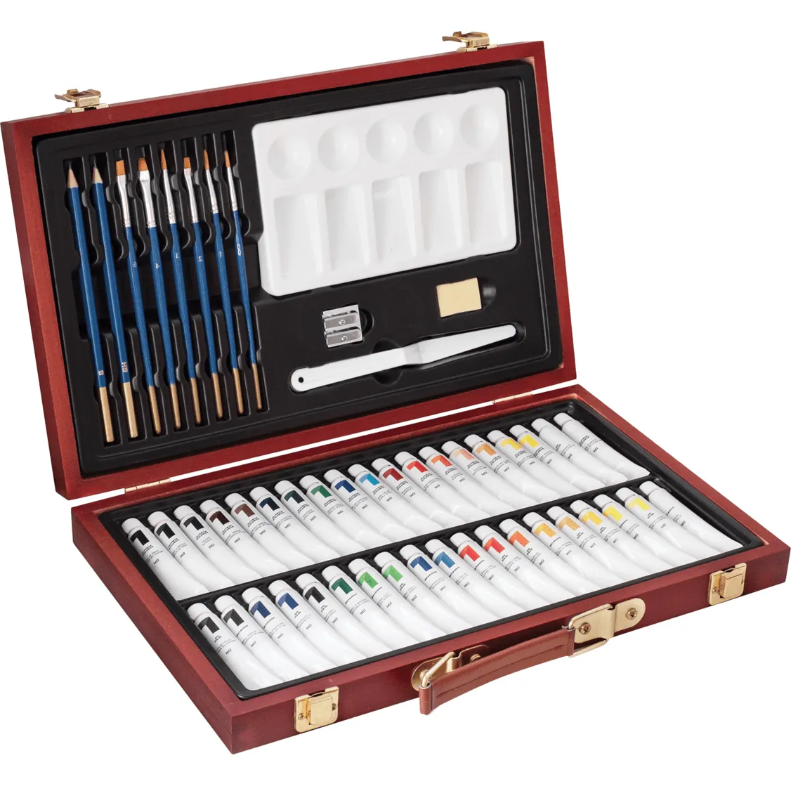 Reeves Watercolour Paints Brush Pencils Palette Sharpener Eraser Wooden Gift Box Set