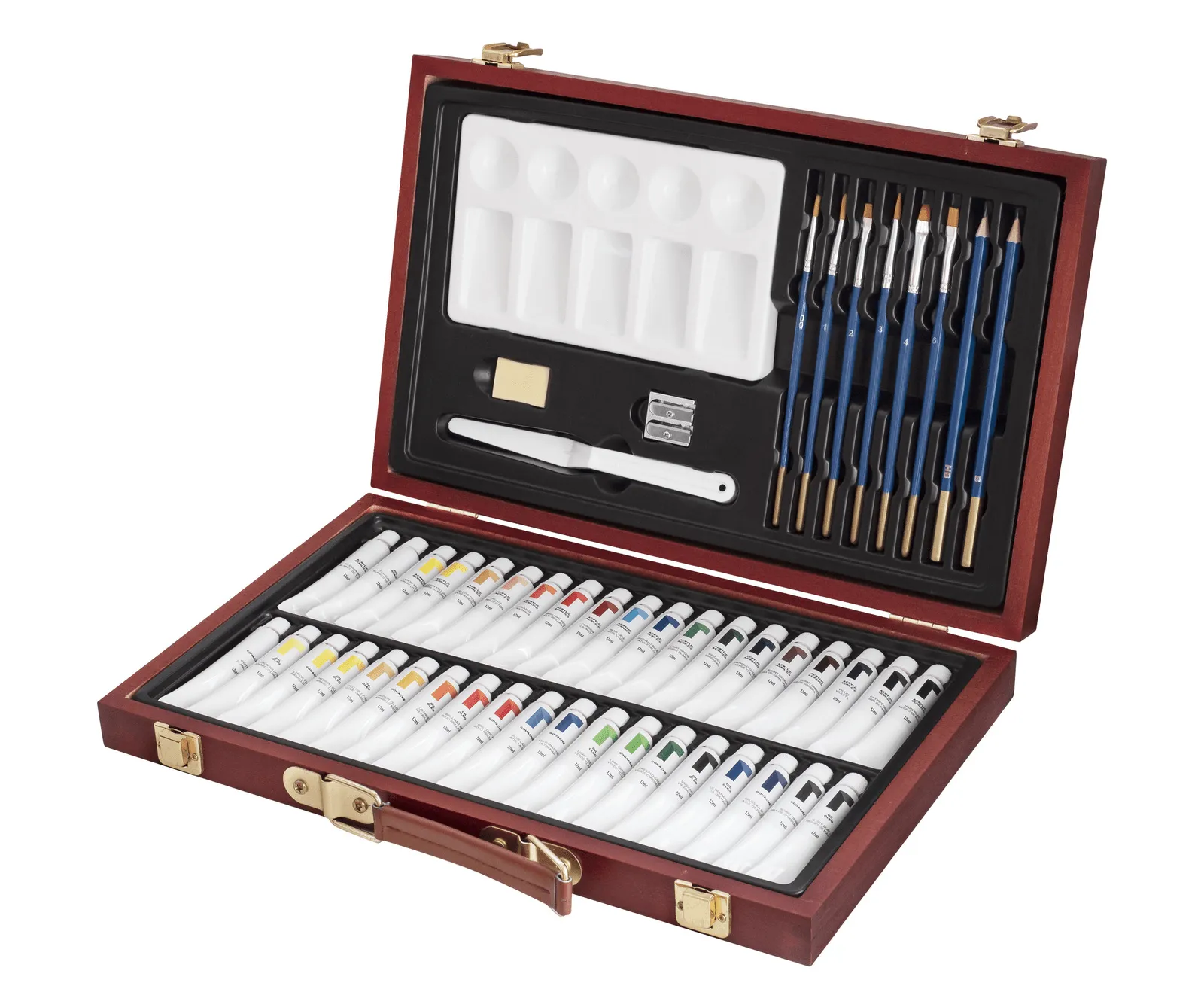 Reeves Watercolour Paints Brush Pencils Palette Sharpener Eraser Wooden Gift Box Set