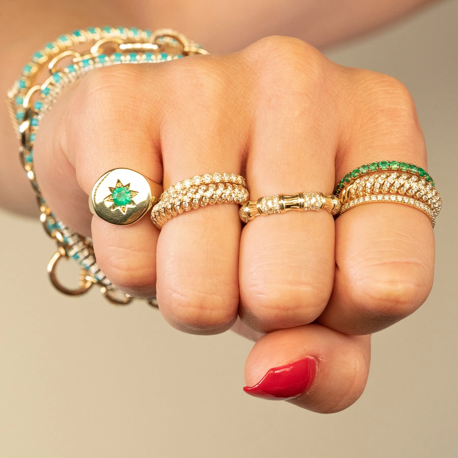 Star Set Signet Ring - Emerald / 14k Yellow Gold