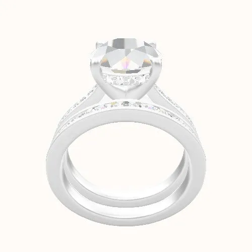 Tapered Channel Set Engagement Ring With V Prong with Hidden Halo Head and Matching Band