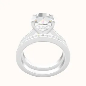 Tapered Channel Set Engagement Ring With V Prong with Hidden Halo Head and Matching Band