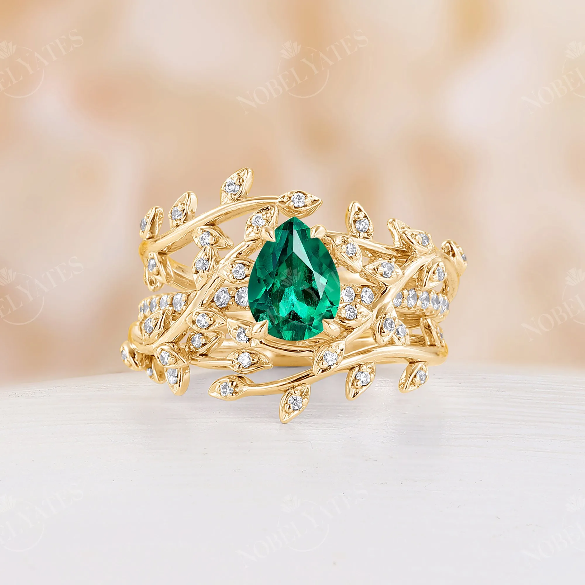 Teardop Lab Emerald Rose Gold Nature Inspired Twig Leaf Engagement Ring Set